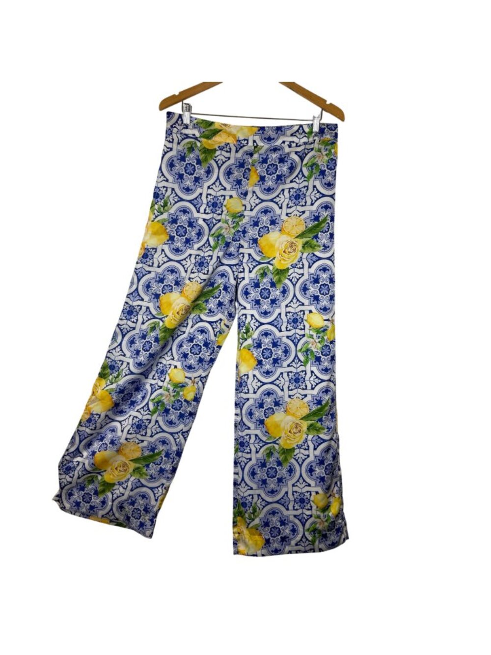 Boston Proper Womens Medium Palazzo Pants Blue White Lemon Resortwear Festival - Picture 2 of 11